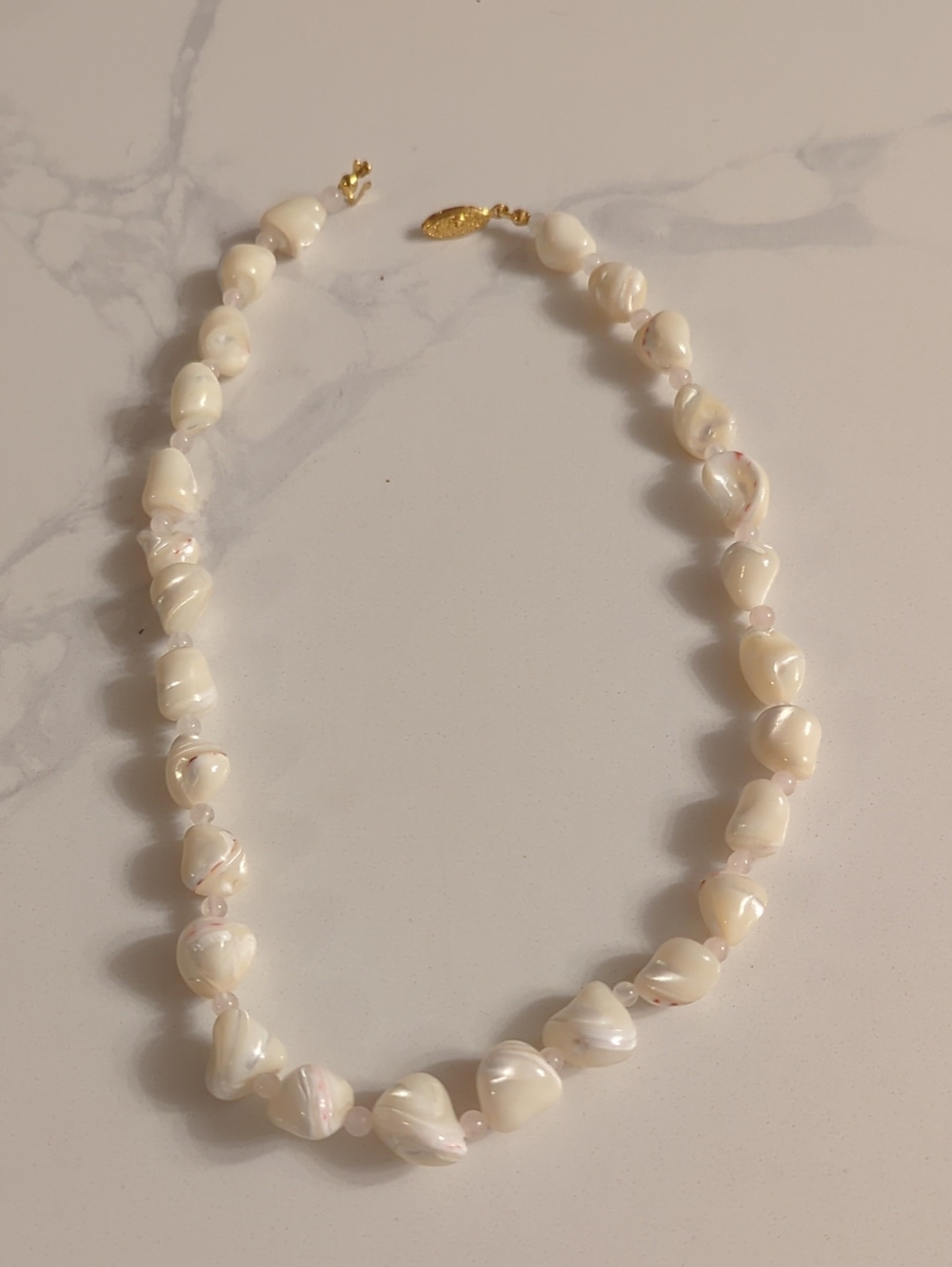 Vintage Real Mother of Pearl & Rose Quartz Beaded Necklace